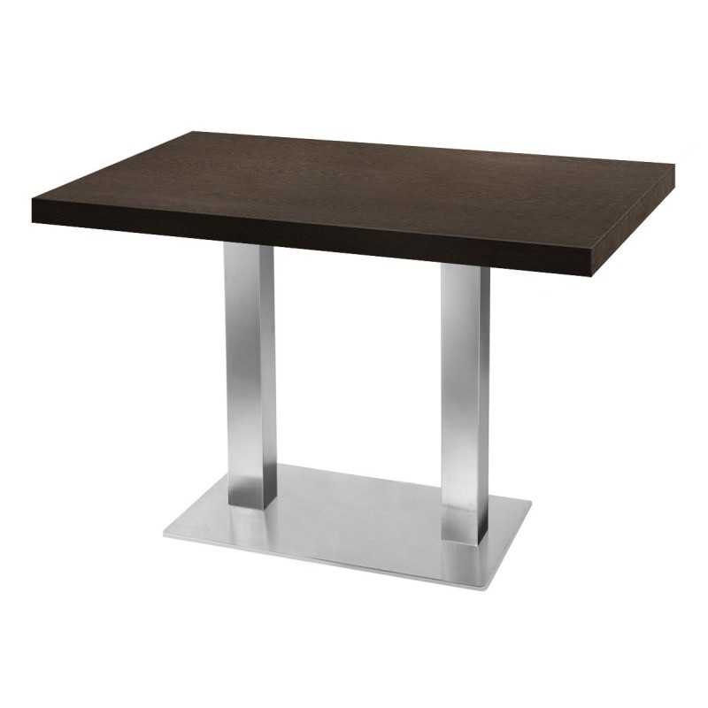 Table de restaurant - base carré ultra plat en inox brossé avec plateau carré marron