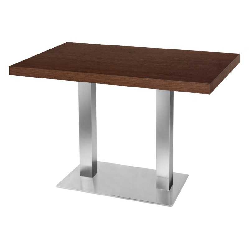 Table de restaurant - base carré ultra plat en inox brossé avec plateau rectangulaire noyer