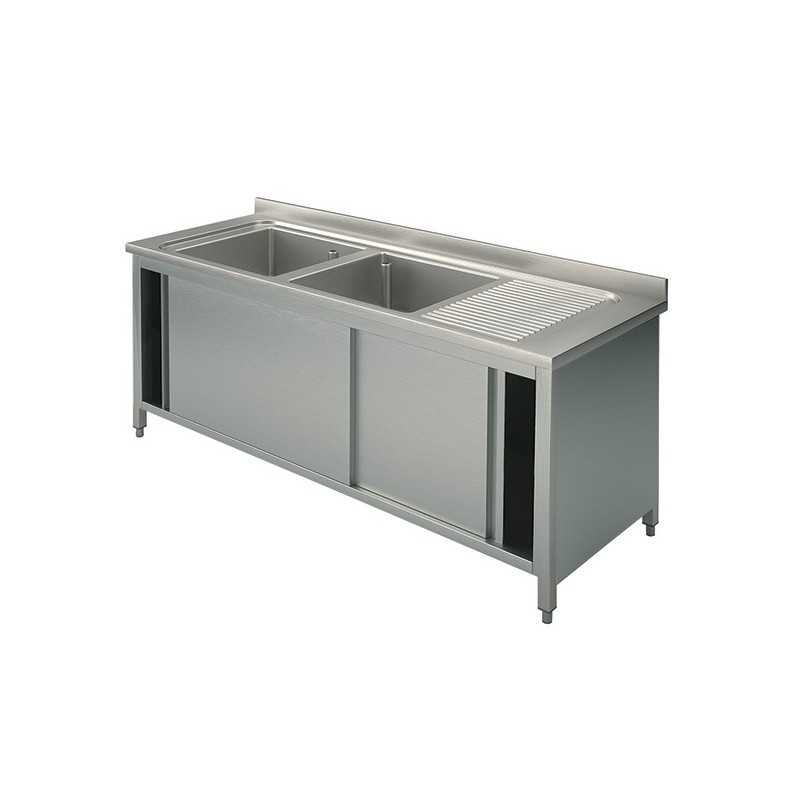 Plonge inox sur meuble - AISI 304 - 1400 (L) x 700 (P) x 900 (H) mm - Avec égouttoir - 2 bacs à gauche