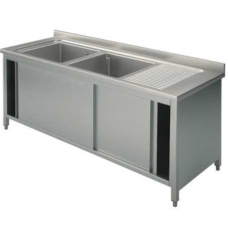 Plonge inox sur meuble - AISI 304 - 1400 (L) x 700 (P) x 900 (H) mm - Avec égouttoir - 2 bacs à gauche