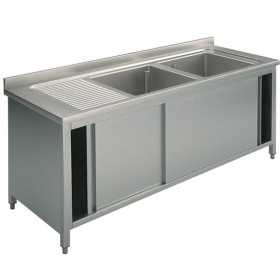 Plonge inox sur meuble - AISI 304 - 1800 (L) x 700 (P) x 900 (H) mm - Avec égouttoir - 2 bacs à droite