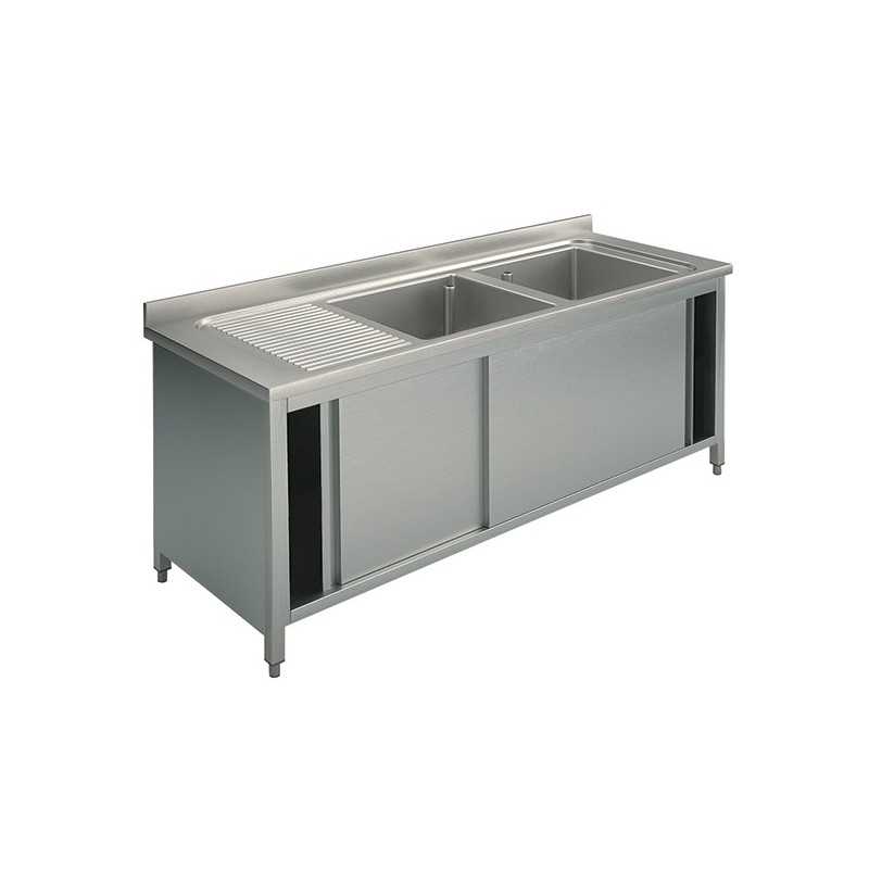 Plonge inox sur meuble - AISI 304 - 1800 (L) x 700 (P) x 900 (H) mm - Avec égouttoir - 2 bacs à droite