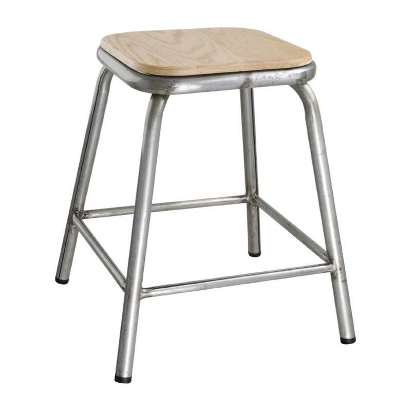 Tabouret bas gris métallisé avec assise en bois