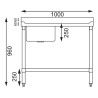 Plonge inox - AISI 304 - 1000 (L) x 600 (P) x 900 (H) mm - Avec égouttoir - Bac à gauche