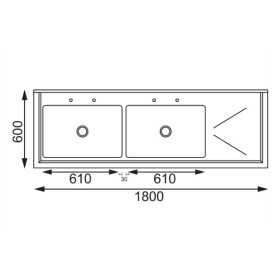 Plonge inox - AISI 304 - 1800 (L) x 600 (P) x 900 (H) mm - Avec égouttoir - 2 bacs à gauche