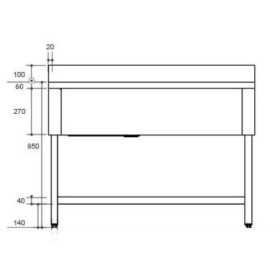 Plonge inox - AISI 304 - 1200 (L) x 700 (P) x 970 (H) mm - Avec égouttoir - 1 bac à gauche