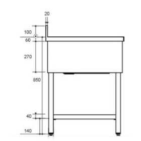 Plonge inox - AISI 304 - 1400 (L) x 700 (P) x 970 (H) mm - Avec égouttoir - 1 bac à droite