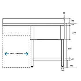 Plonge inox - AISI 304 - 1200 (L) x 700 (P) x 900 (H) mm - Avec égouttoir - 1 bac à droite - Passage lave-vaisselle à gauche