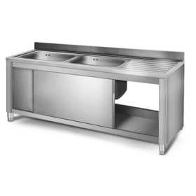 Plonge inox sur meuble - AISI 304 - 1400 (L) x 700 (P) x 900 (H) mm - Avec égouttoir - 2 bacs à gauche