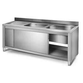 Plonge inox sur meuble - AISI 304 - 1800 (L) x 700 (P) x 900 (H) mm - Avec égouttoir - 2 bacs à droite