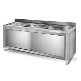 Plonge inox sur meuble - AISI 304 - 1400 (L) x 700 (P) x 900 (H) mm - Avec égouttoir - 2 bacs à droite