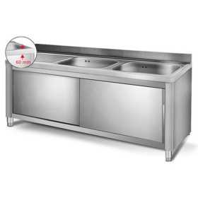 Plonge inox sur meuble - AISI 304 - 1600 (L) x 700 (P) x 900 (H) mm - Avec égouttoir - 2 bacs à droite