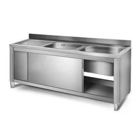 Plonge inox sur meuble - AISI 304 - 1600 (L) x 700 (P) x 900 (H) mm - Avec égouttoir - 2 bacs à droite