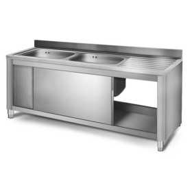 Plonge inox sur meuble - AISI 304 - 1600 (L) x 700 (P) x 900 (H) mm - Avec égouttoir - 2 bacs à gauche