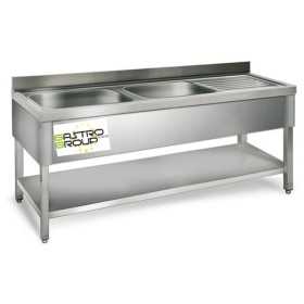 Plonge inox - AISI 304 - 1600 (L) x 600 (P) x 970 (H) mm - Avec égouttoir - 2 bacs à gauche