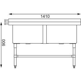 Plonge inox - AISI 304 - Spéciale marmites - 1410 (L) x 600 (P) x 900 (H) mm - Sans égouttoir - 2 bacs