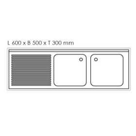 Plonge inox - AISI 304 - 2000 (L) x 700 (P) x 970 (H) mm - Avec égouttoir - 2 bacs à gauche