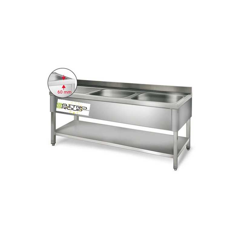 Plonge inox - AISI 304 - 2000 (L) x 700 (P) x 970 (H) mm - Avec égouttoir - 2 bacs à gauche