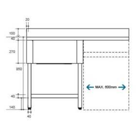 Plonge inox - AISI 304 - 1400 (L) x 700 (P) x 900 (H) mm - Avec égouttoir - 1 bac à gauche - Passage lave-vaisselle à droite