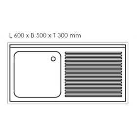 Plonge inox - AISI 304 - 1400 (L) x 700 (P) x 900 (H) mm - Avec égouttoir - 1 bac à gauche - Passage lave-vaisselle à droite