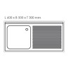 Plonge inox - AISI 304 - 1400 (L) x 700 (P) x 900 (H) mm - Avec égouttoir - 1 bac à gauche - Passage lave-vaisselle à droite