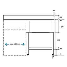 Plonge inox - AISI 304 - 1400 (L) x 700 (P) x 900 (H) mm - Avec égouttoir - 1 bac à droite - Passage lave-vaisselle à gauche