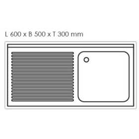 Plonge inox - AISI 304 - 1400 (L) x 700 (P) x 900 (H) mm - Avec égouttoir - 1 bac à droite - Passage lave-vaisselle à gauche