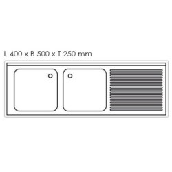 Plonge inox - AISI 304 - 1600 (L) x 700 (P) x 900 (H) mm - Avec égouttoir - 2 bacs à gauche - Passage lave-vaisselle à droite