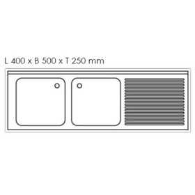 Plonge inox - AISI 304 - 1600 (L) x 700 (P) x 900 (H) mm - Avec égouttoir - 2 bacs à gauche - Passage lave-vaisselle à droite