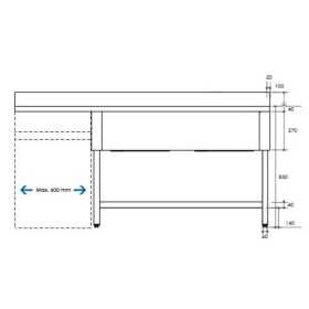 Plonge inox - AISI 304 - 1600 (L) x 700 (P) x 900 (H) mm - Avec égouttoir - 2 bacs à droite - Passage lave-vaisselle à gauche