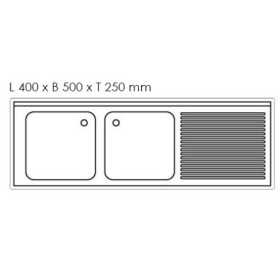 Plonge inox - AISI 304 - 1600 (L) x 700 (P) x 900 (H) mm - Avec égouttoir - 2 bacs à droite - Passage lave-vaisselle à gauche