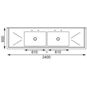 Plonge inox - AISI 304 - 2400 (L) x 600 (P) x 900 (H) mm - Avec 2 égouttoirs - 2 bacs centraux