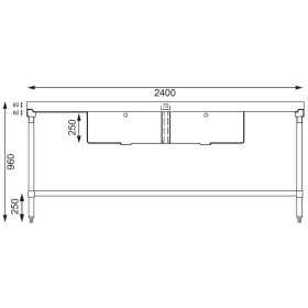 Plonge inox - AISI 304 - 2400 (L) x 600 (P) x 900 (H) mm - Avec 2 égouttoirs - 2 bacs centraux