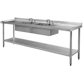 Plonge inox - AISI 304 - 2400 (L) x 600 (P) x 900 (H) mm - Avec 2 égouttoirs - 2 bacs centraux