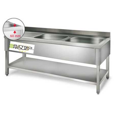 Plonge inox - AISI 304 - 1400 (L) x 600 (P) x 970 (H) mm - Avec égouttoir - 2 bacs à gauche