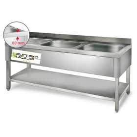 Plonge inox - AISI 304 - 1400 (L) x 700 (P) x 970 (H) mm - Avec égouttoir - 2 bacs à gauche