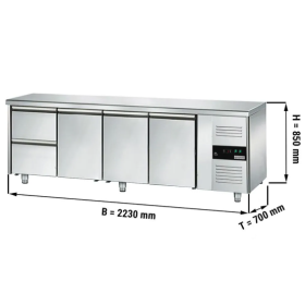 Table réfrigérée positive - GN 1/1 - 421 L - 3 portes + 2 tiroirs à droite - 2230 (L) x 700 (P) mm - Classe N