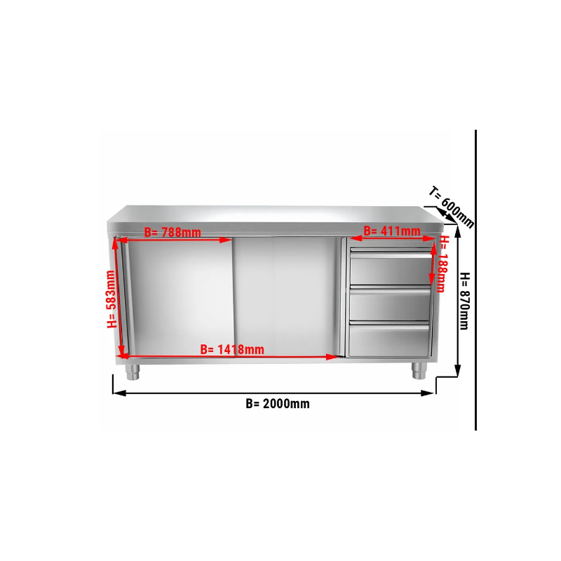 Meuble bas inox portes coulissantes + tiroirs 2000 x 600 x 870