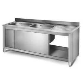 Plonge inox sur meuble - AISI 304 - 1800 (L) x 700 (P) x 900 (H) mm - Avec égouttoir - 2 bacs à gauche