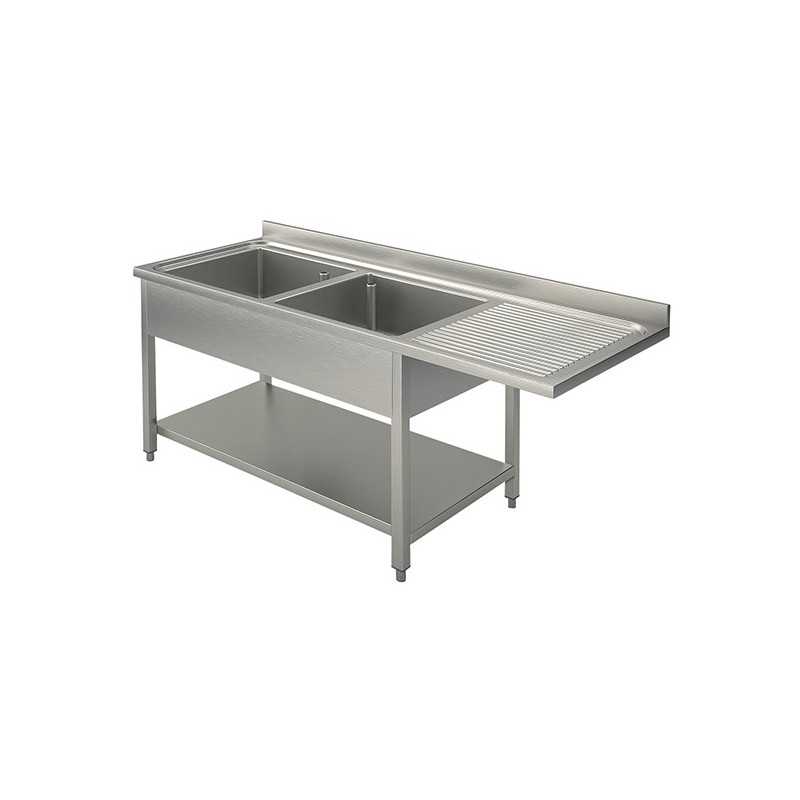 Plonge inox - AISI 304 - 1600 (L) x 700 (P) x 900 (H) mm - Avec égouttoir - 2 bacs à gauche - Passage lave-vaisselle à droite