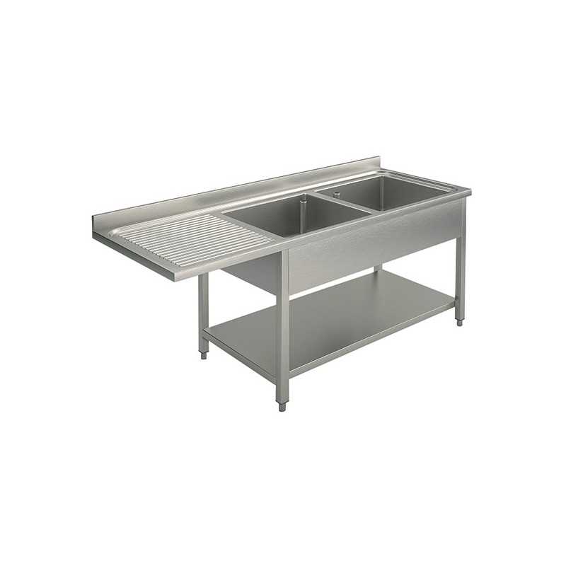 Plonge inox - AISI 304 - 1600 (L) x 700 (P) x 900 (H) mm - Avec égouttoir - 2 bacs à droite - Passage lave-vaisselle à gauche