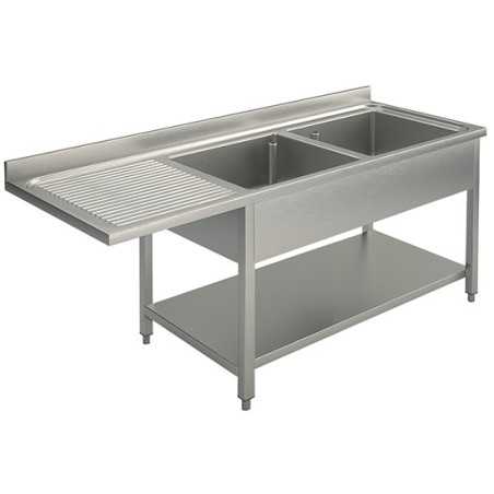 Plonge inox - AISI 304 - 1600 (L) x 700 (P) x 900 (H) mm - Avec égouttoir - 2 bacs à droite - Passage lave-vaisselle à gauche