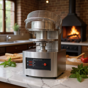 Presse à pizza professionnelle en métal avec cuve et pièces rétractables sur plan de travail, cuisine équipée en arrière-plan.